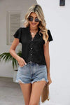 Ruffled V-Neck Button Up Cap Sleeve T-Shirt Women's T-Shirts - Tophatter Daily Deals