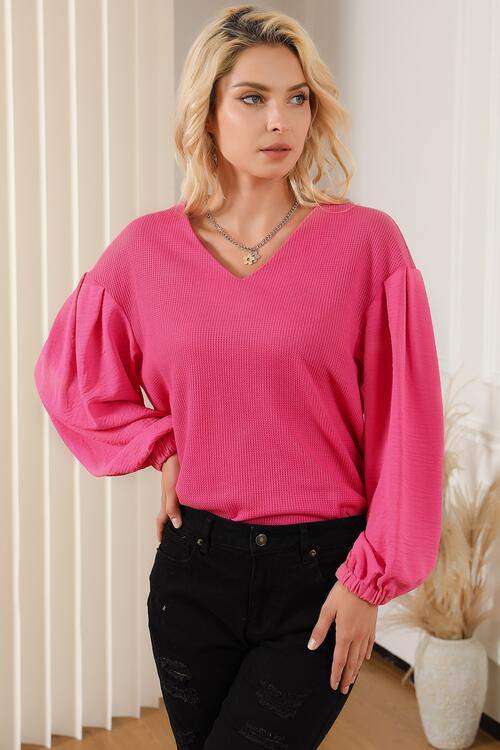 Waffle -Knit V-Neck Long Sleeve Blouse Blouses - Tophatter Daily Deals