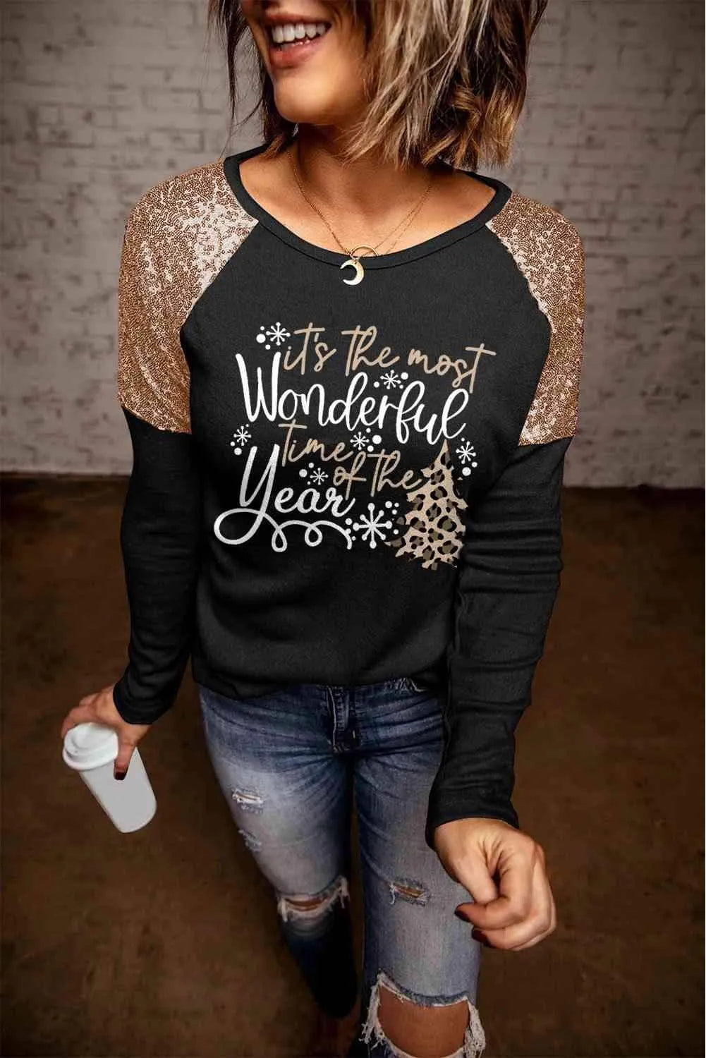 Sequin Slogan Graphic T-Shirt Black Women's T-Shirts - Tophatter Daily Deals