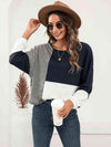 Three-Tone Color Block Dropped Shoulder Long Sleeve Tee Blouses - Tophatter Daily Deals