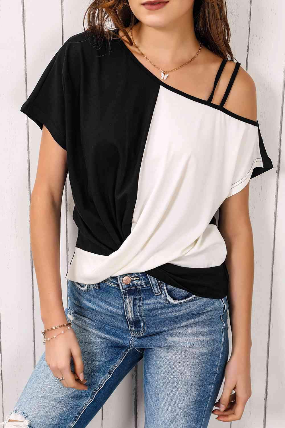 Contrast Twisted Asymmetrical Neck Top Blouses - Tophatter Daily Deals