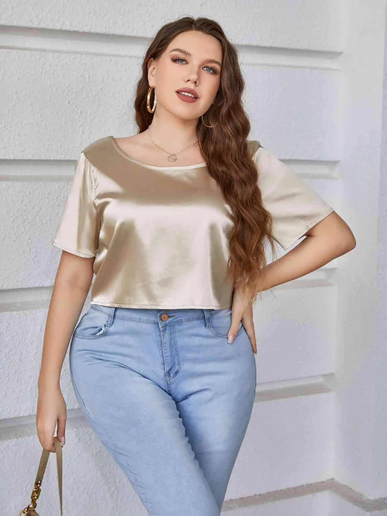 Plus Size Short Sleeve Tie Back Blouse Blouses - Tophatter Daily Deals
