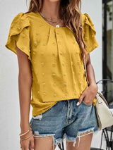 Swiss Dot Round Neck Petal Sleeve Top Blouses - Tophatter Daily Deals