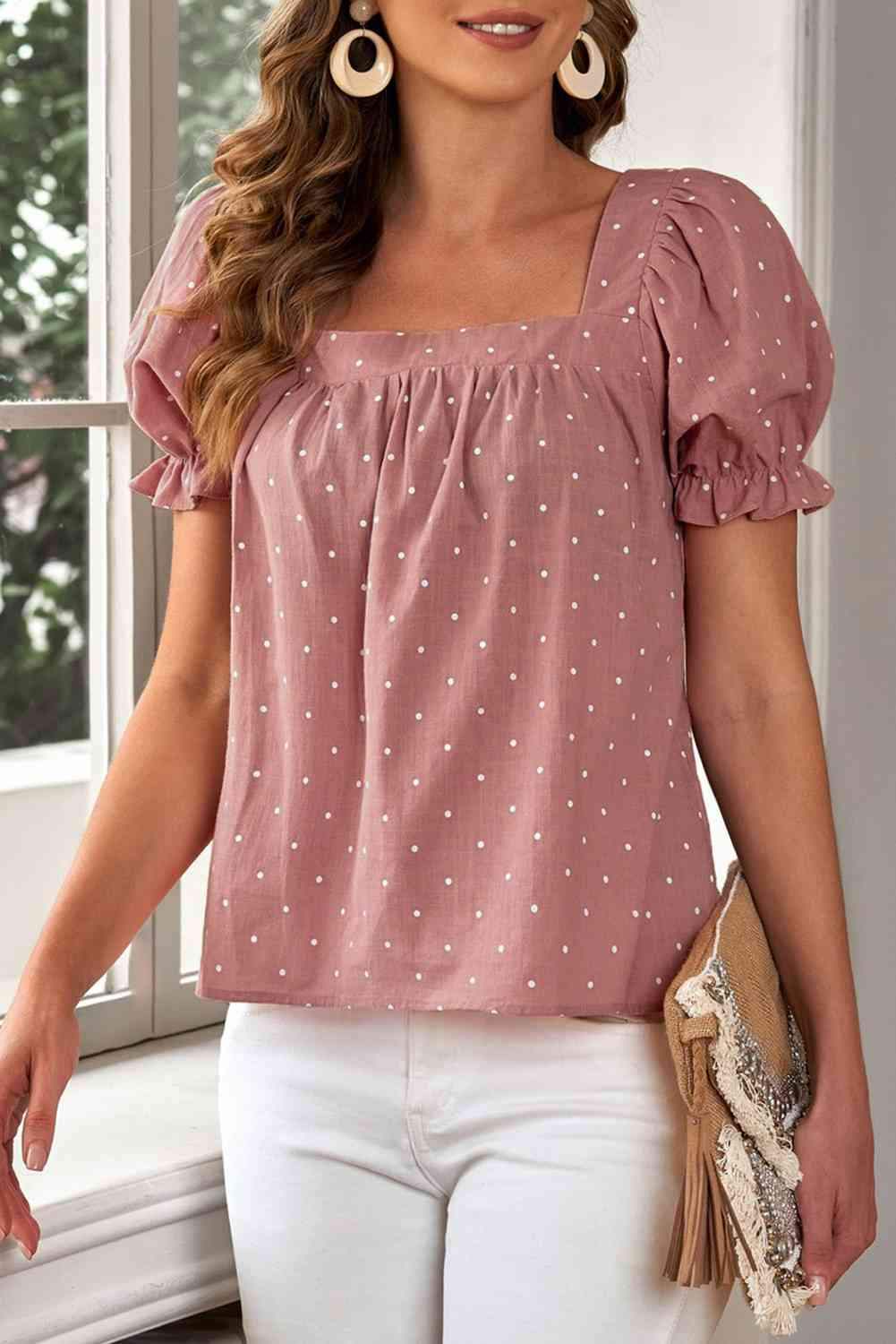 Polka Dot Square Neck Flounce Sleeve Top Pale Blush Blouses - Tophatter Daily Deals