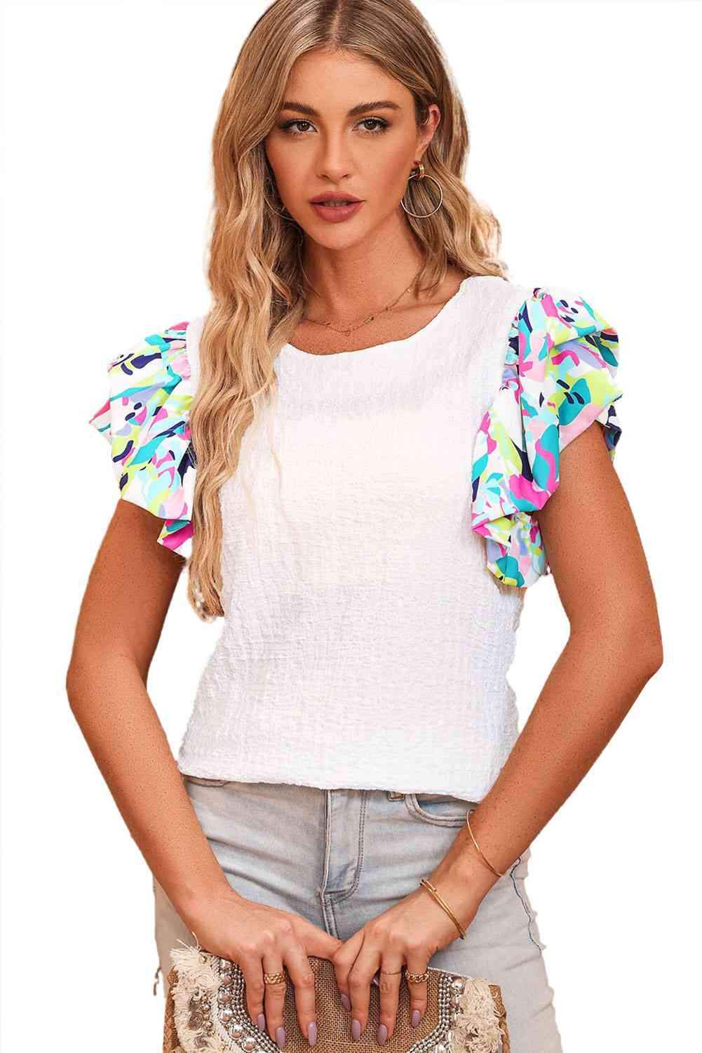 Multicolored Flutter Sleeve Round Neck Blouse Blouses - Tophatter Daily Deals