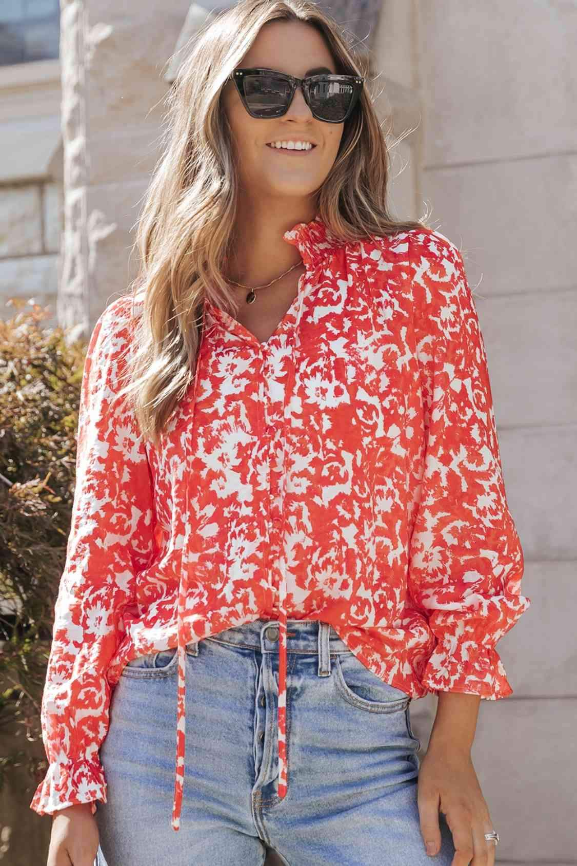 Printed Tie Neck Flounce Sleeve Blouse Blouses - Tophatter Daily Deals