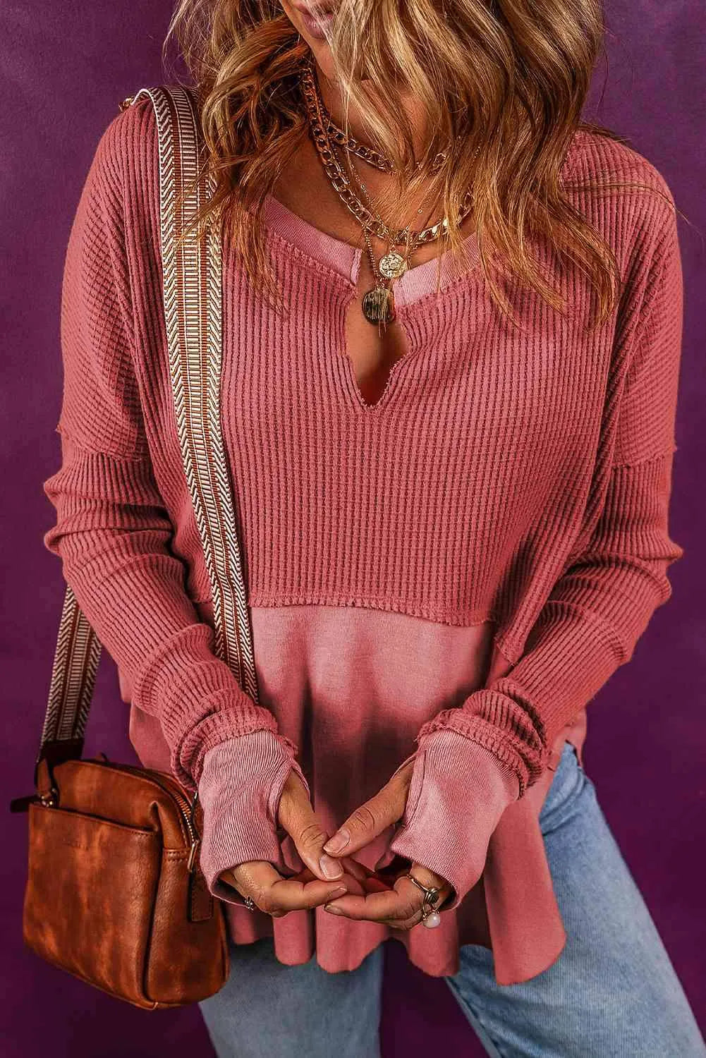 Notched Neck Long Sleeve Slit Blouse Blouses - Tophatter Daily Deals