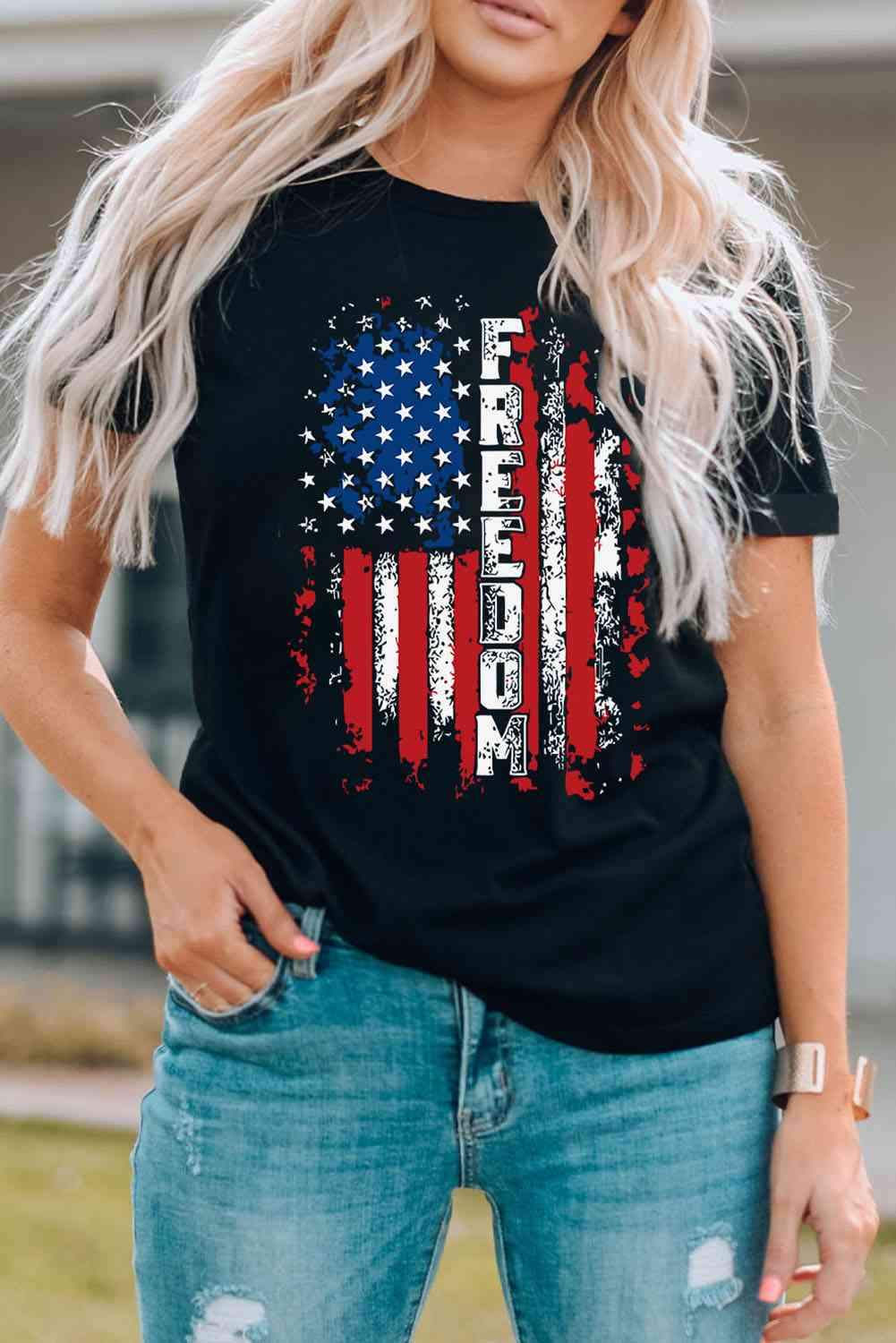 FREEDOM US Flag Graphic Round Neck Tee Women's T-Shirts - Tophatter Daily Deals