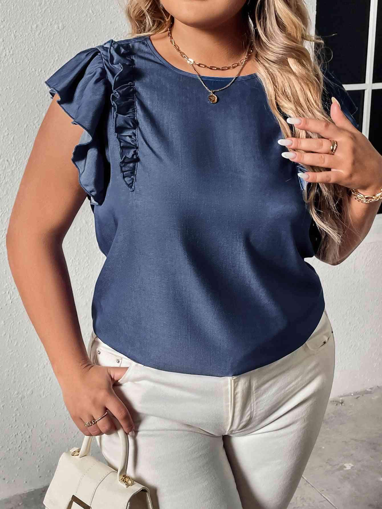 Plus Size Round Neck Flounce Sleeve Frill Trim Blouse Blouses - Tophatter Daily Deals