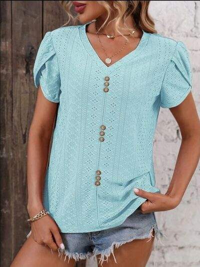 Eyelet V-Neck Petal Sleeve T-Shirt Tiffany Blue Women's T-Shirts - Tophatter Daily Deals