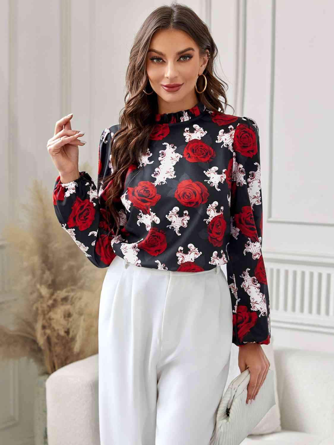 Floral Mock Neck Long Sleeve Blouse Blouses - Tophatter Daily Deals