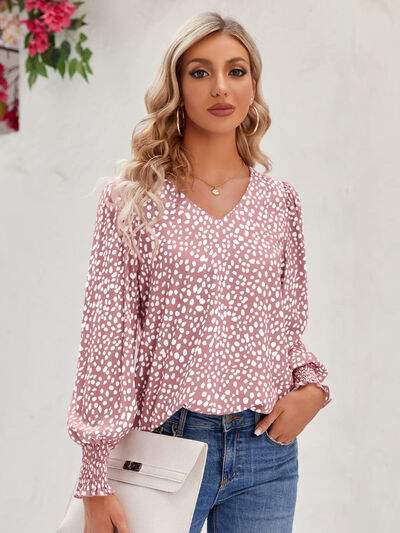 Printed V-Neck Lantern Sleeve Blouse Dusty Pink Blouses - Tophatter Daily Deals