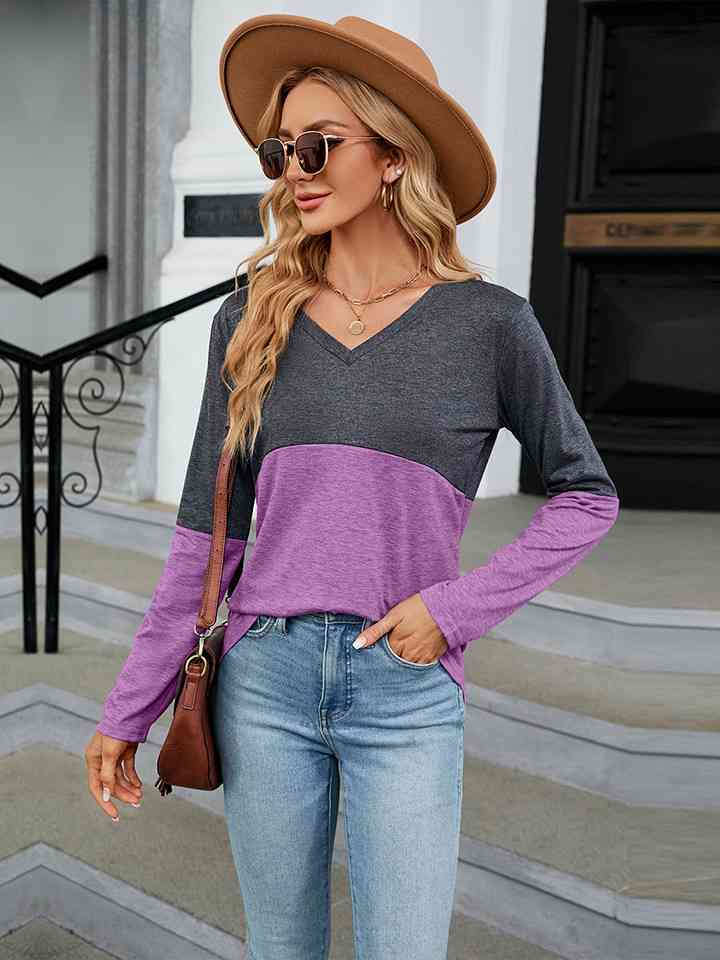 V-Neck Long Sleeve Two-Tone T-Shirt Lilac Women's T-Shirts - Tophatter Daily Deals