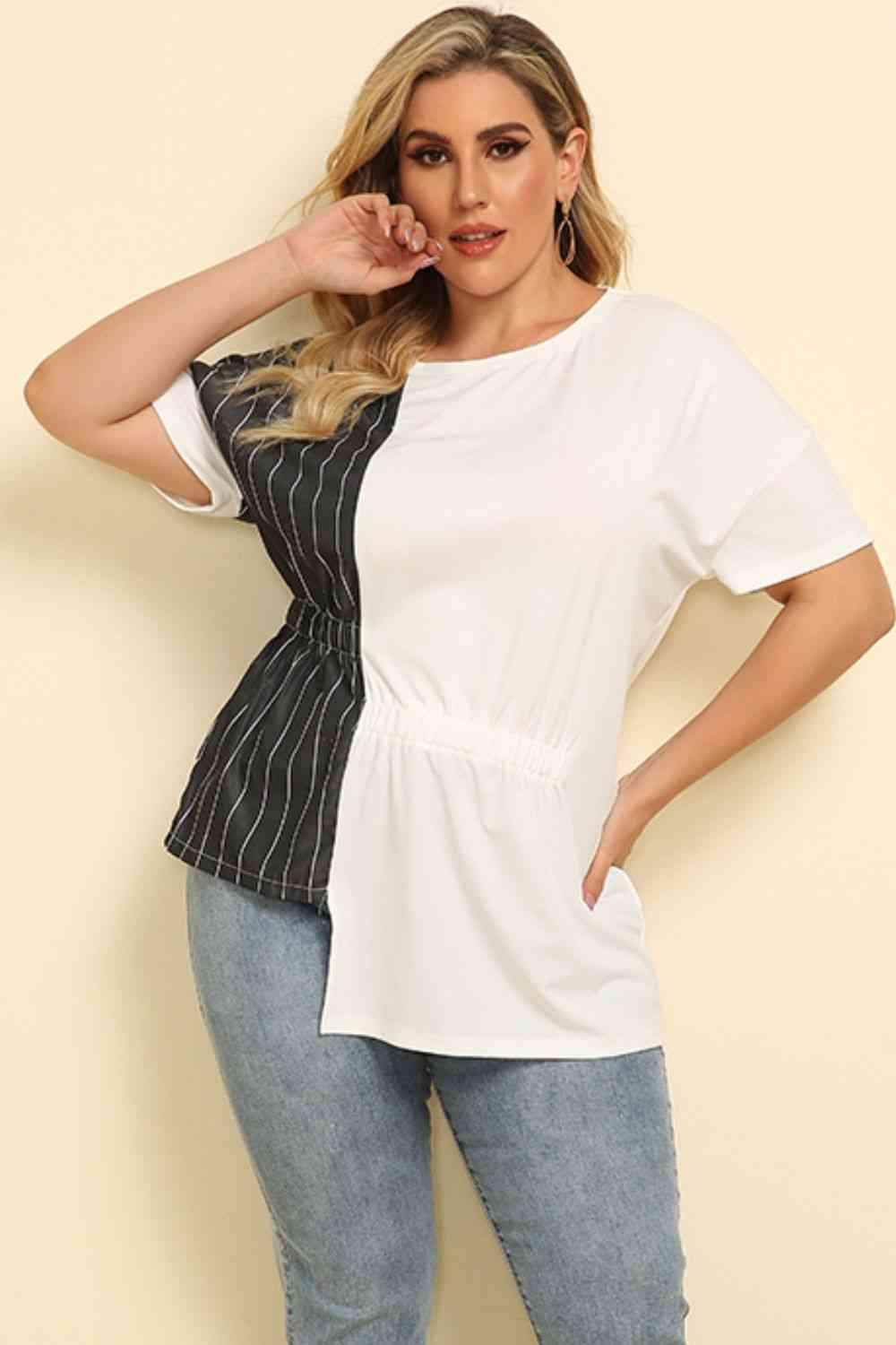 Plus Size Striped Color Block Asymmetrical T-Shirt White Black Women's T-Shirts - Tophatter Daily Deals