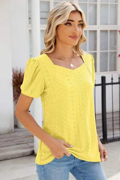 Eyelet Puff Sleeve T-Shirt Women's T-Shirts - Tophatter Daily Deals
