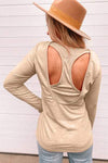 Cutout Round Neck Long Sleeve T-Shirt Sand Women's T-Shirts - Tophatter Daily Deals