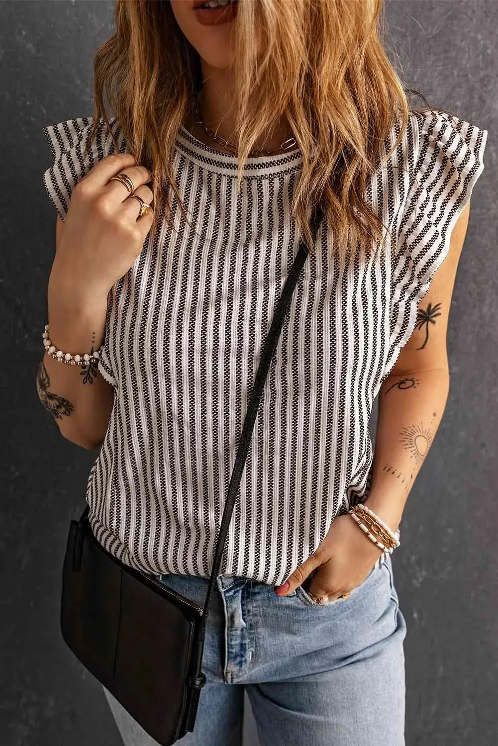 Striped Flutter Sleeve Tank Mid Gray Blouses - Tophatter Daily Deals