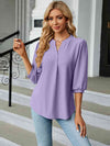 Notched Neck Three-Quarter Sleeve Blouse Lavender Women's T-Shirts - Tophatter Daily Deals