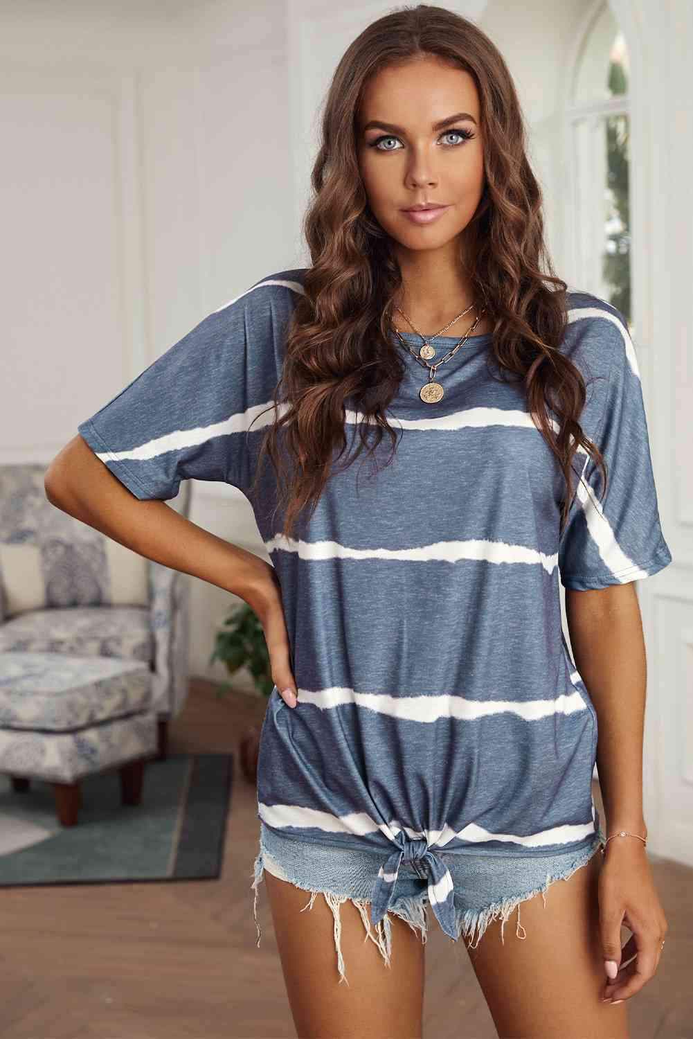 Striped Tie Front Tee Shirt Dusty Blue Women's T-Shirts - Tophatter Daily Deals