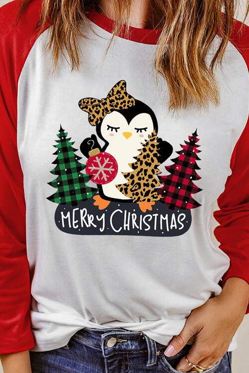 MERRY CHRISTMAS Penguin Round Neck Long Sleeve T-Shirt Women's T-Shirts - Tophatter Daily Deals