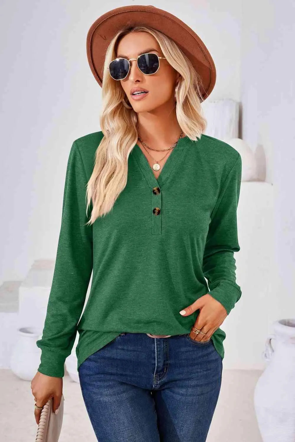 V-Neck Buttoned Long Sleeve Blouse Green Blouses - Tophatter Daily Deals