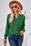 V-Neck Buttoned Long Sleeve Blouse Green Blouses - Tophatter Daily Deals