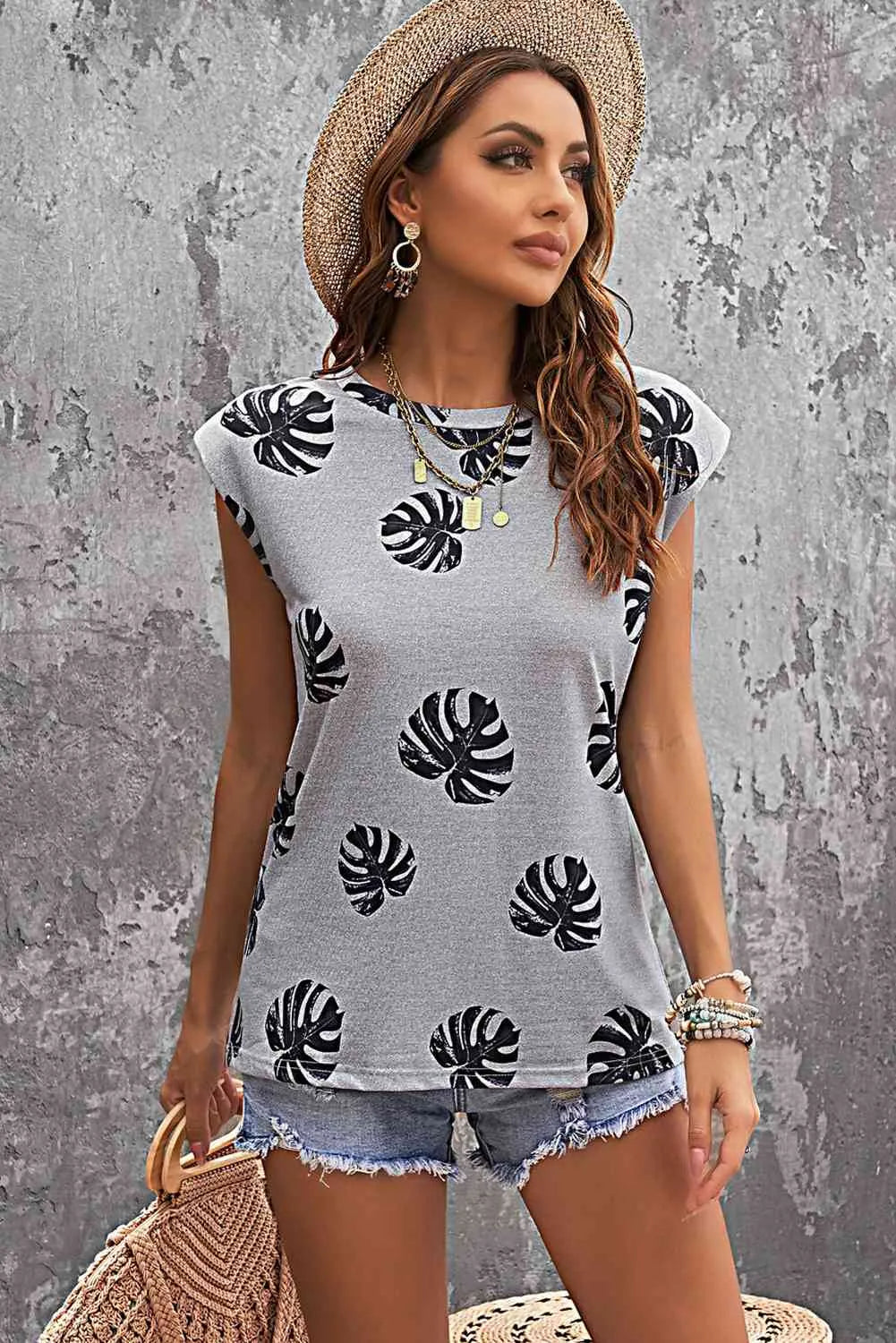 Printed Capped Sleeve Round Neck Top Blouses - Tophatter Daily Deals