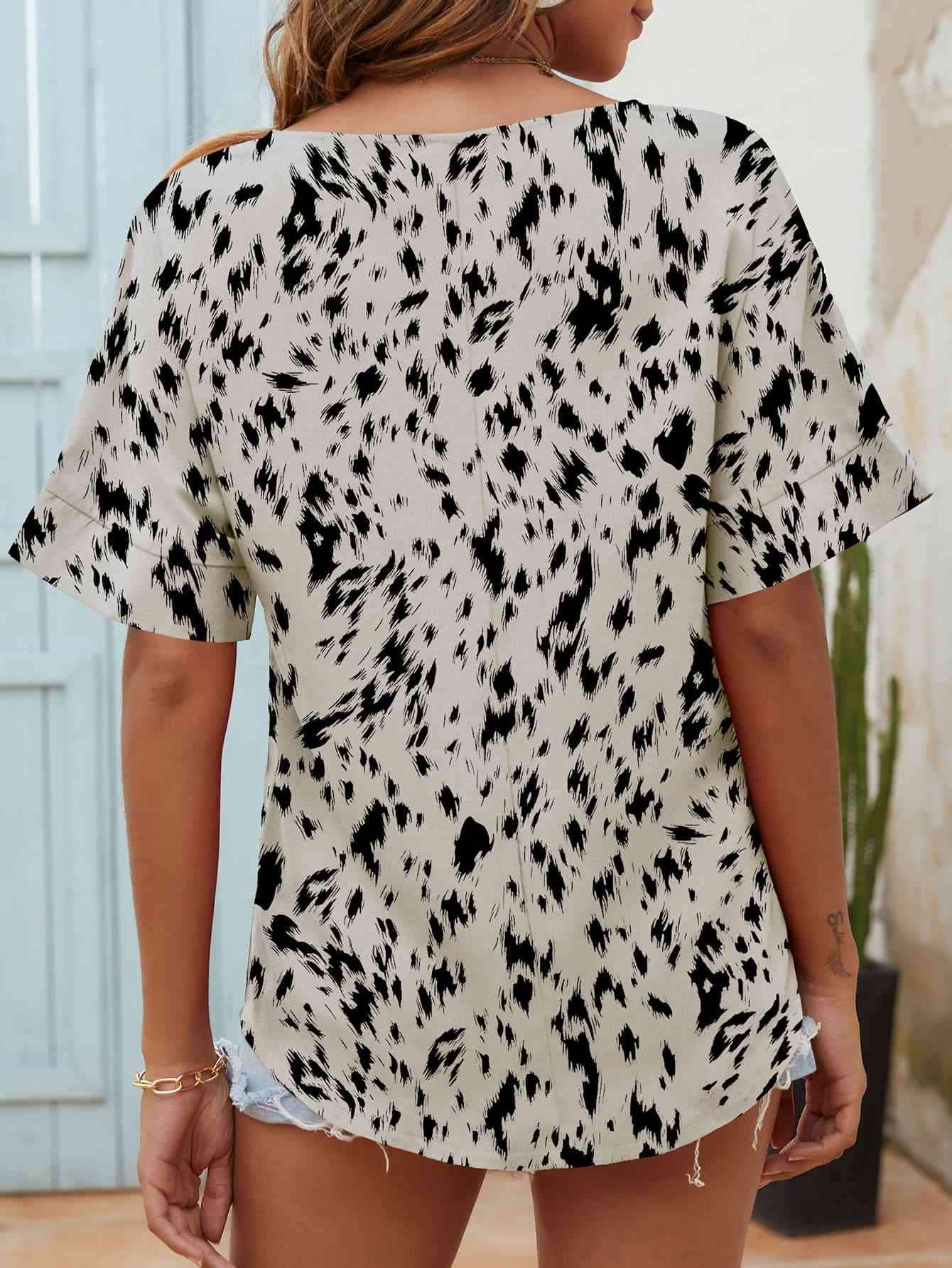 Printed Notched Neck Half Sleeve Blouse Blouses - Tophatter Daily Deals