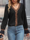 Leopard Contrast V-Neck Blouse Black Blouses - Tophatter Daily Deals