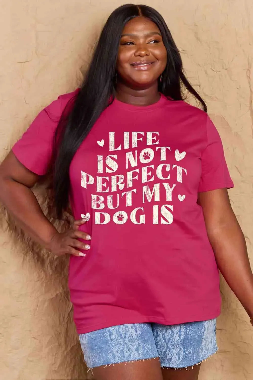 Simply Love Full Size Dog Slogan Graphic Cotton T-Shirt Deep Rose Women's T-Shirts - Tophatter Daily Deals