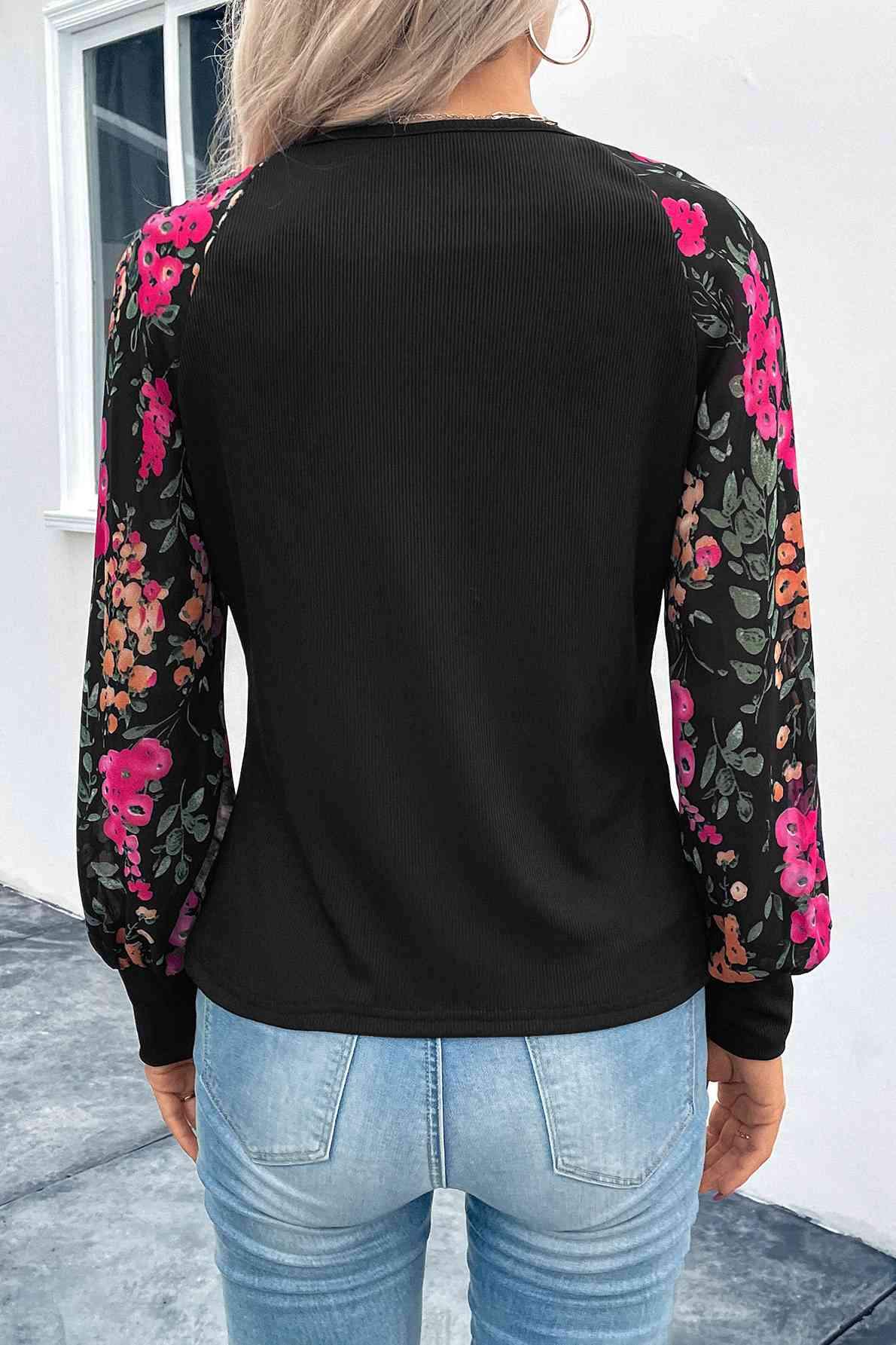 Floral Round Neck Lantern Sleeve Blouse Blouses - Tophatter Daily Deals