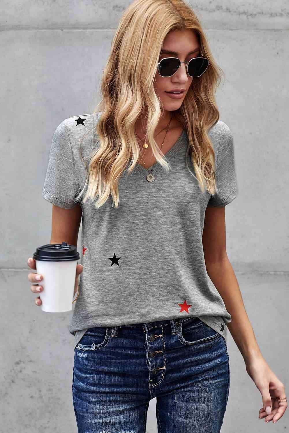 Star Print V-Neck Tee Shirt Mid Gray Women's T-Shirts - Tophatter Daily Deals