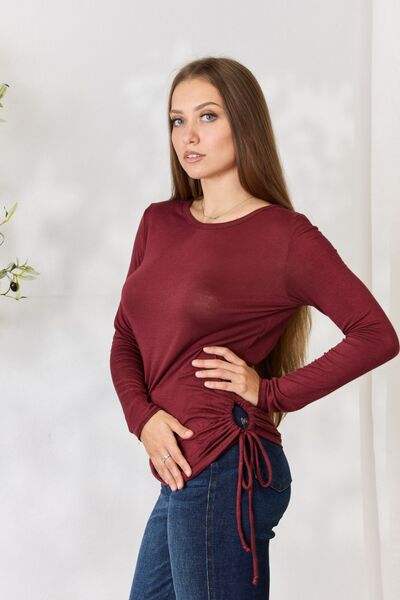 Culture Code Full Size Drawstring Round Neck Long Sleeve Top Blouses - Tophatter Daily Deals