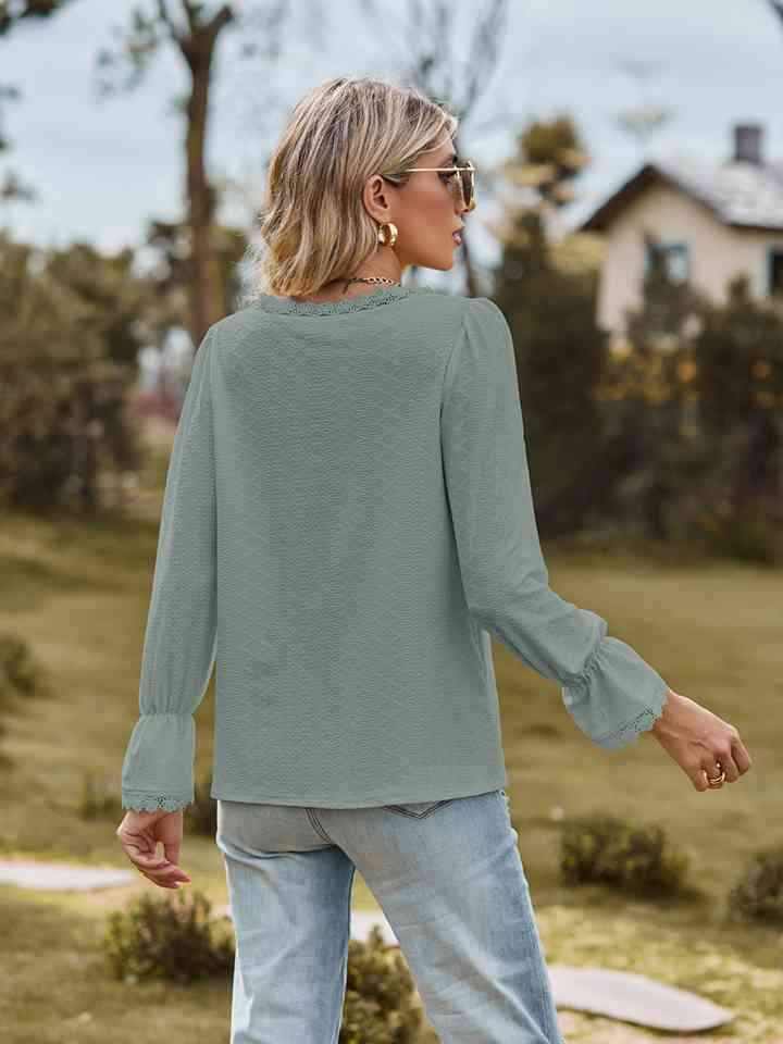 V-Neck Flounce Sleeve Blouse Blouses - Tophatter Daily Deals