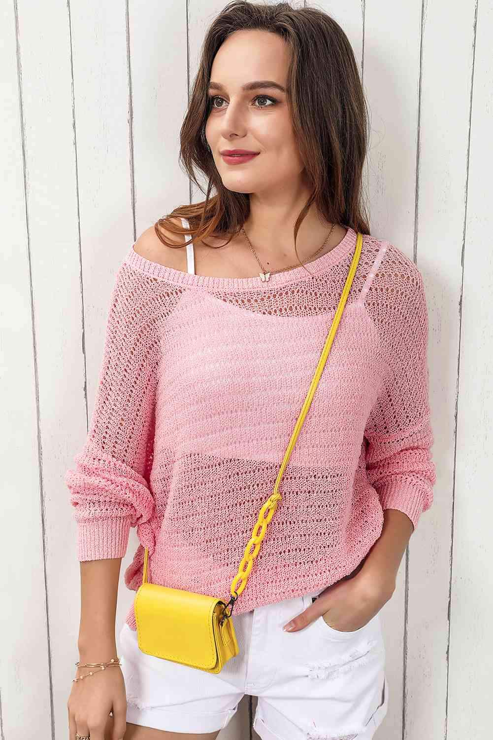 Double Take Openwork Round Neck Dropped Shoulder Knit Top Blouses - Tophatter Daily Deals
