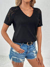 Lace Detail V-Neck Short Sleeve T-Shirt Black Women's T-Shirts - Tophatter Daily Deals