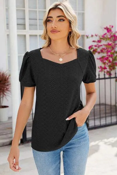 Eyelet Puff Sleeve T-Shirt Women's T-Shirts - Tophatter Daily Deals
