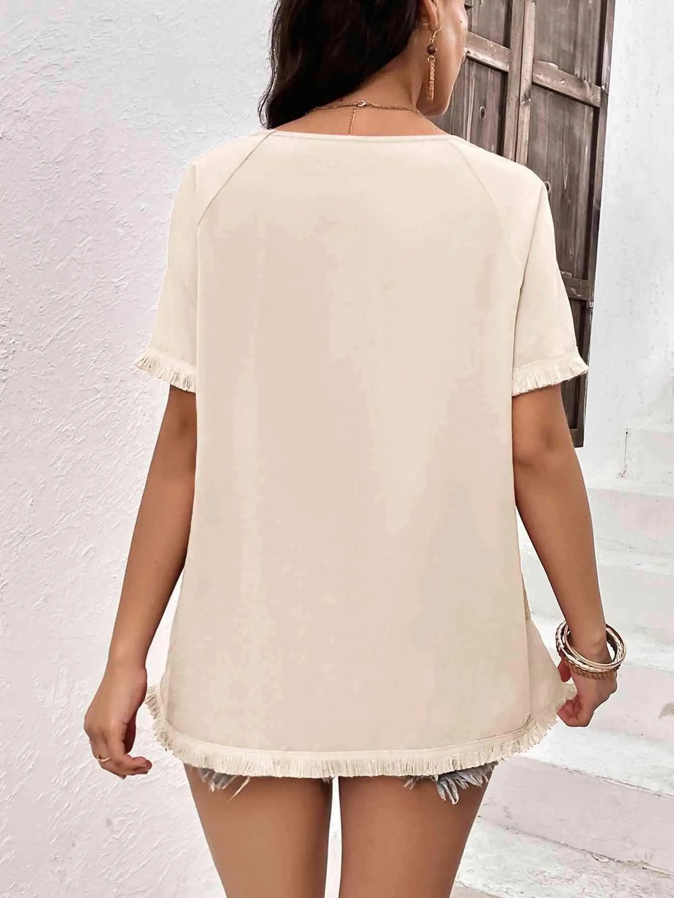 Round Neck Raglan Sleeve Fringe Detail Top Blouses - Tophatter Daily Deals