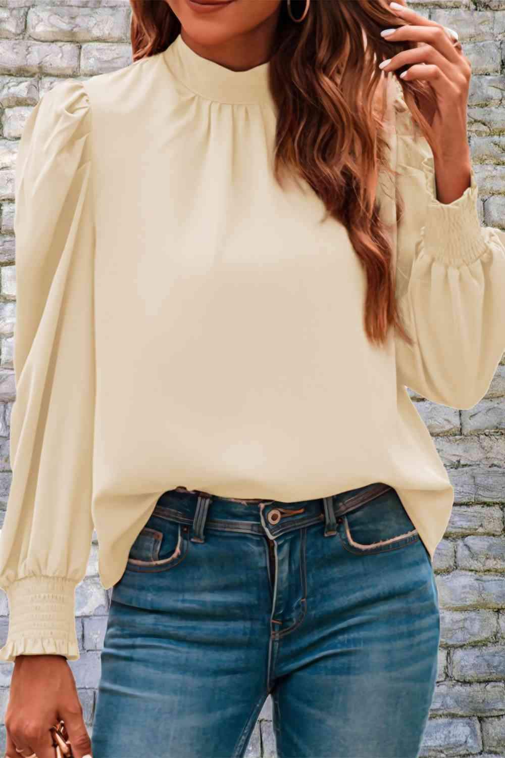 Mock Neck Puff Sleeve Blouse Ivory Blouses - Tophatter Daily Deals