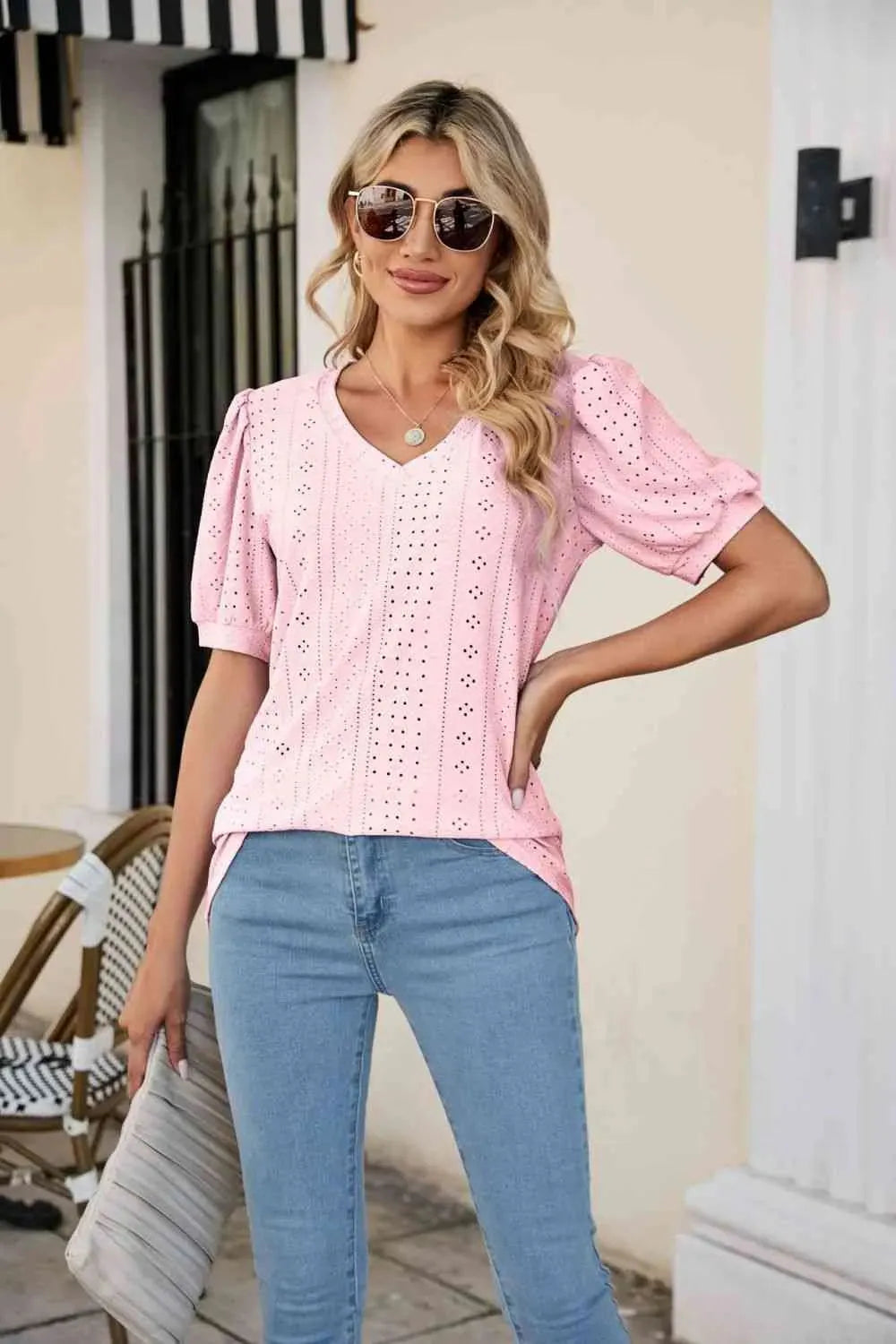 Eyelet Puff Sleeve V-Neck Top Blush Pink Blouses - Tophatter Daily Deals