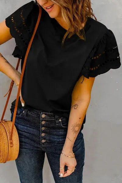 Round Neck Openwork Flutter Sleeve Top Blouses - Tophatter Daily Deals