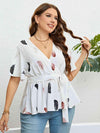 Feather Print Tied Flutter Sleeve Blouse Blouses - Tophatter Daily Deals