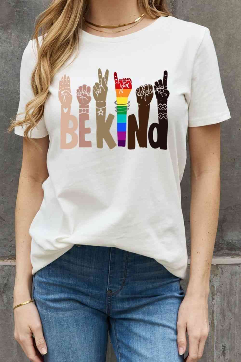 Simply Love Full Size BE KIND Graphic Cotton Tee Bleach Women's T-Shirts - Tophatter Daily Deals