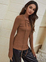 Textured Lace-Up V-Neck Long Sleeve T-Shirt Women's T-Shirts - Tophatter Daily Deals