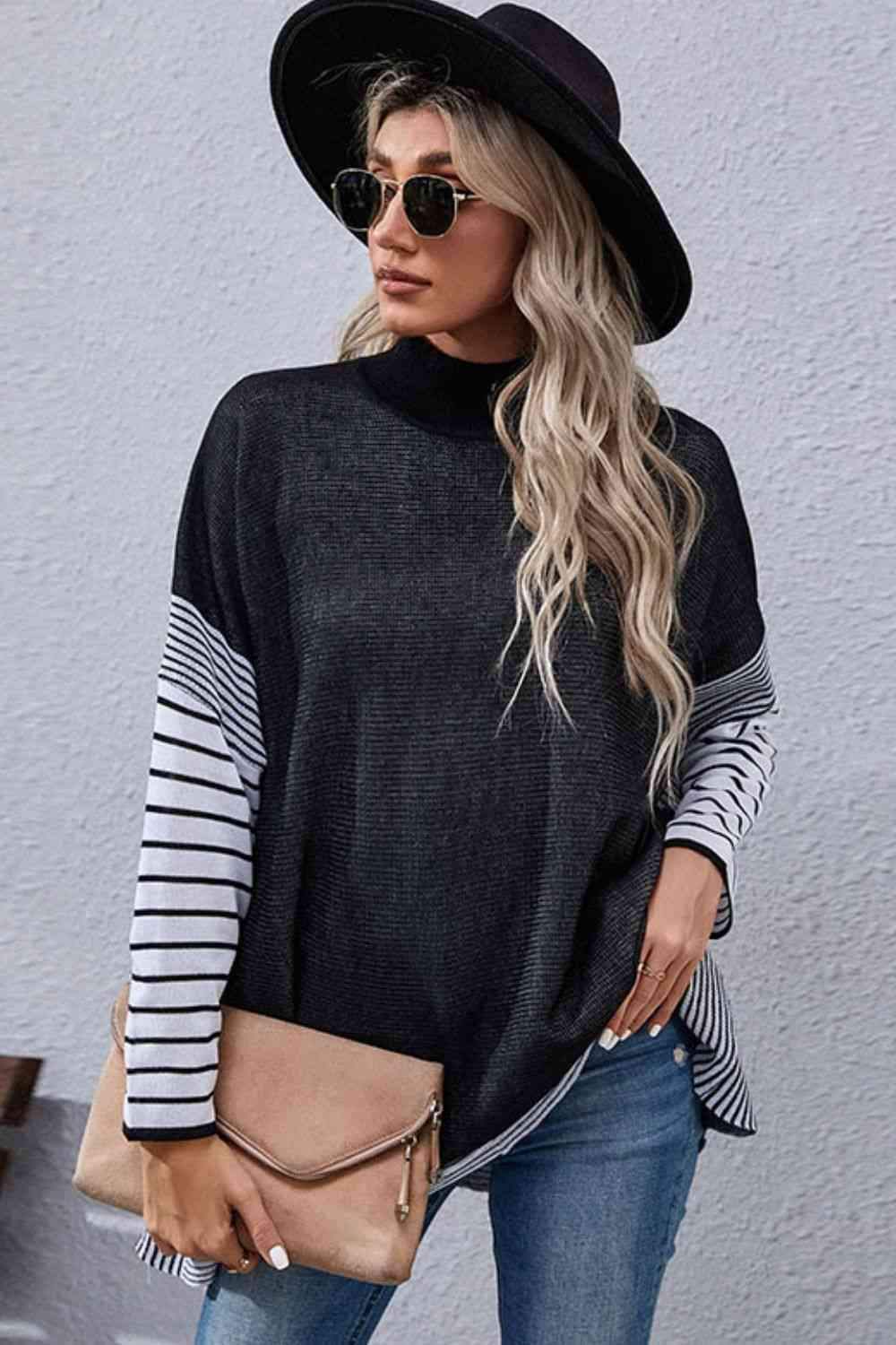 Striped Dolman Sleeve Mock Neck Knit Pullover Blouses - Tophatter Daily Deals