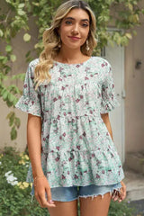 Floral Round Neck Short Sleeve T-Shirt Light Green Women's T-Shirts - Tophatter Daily Deals