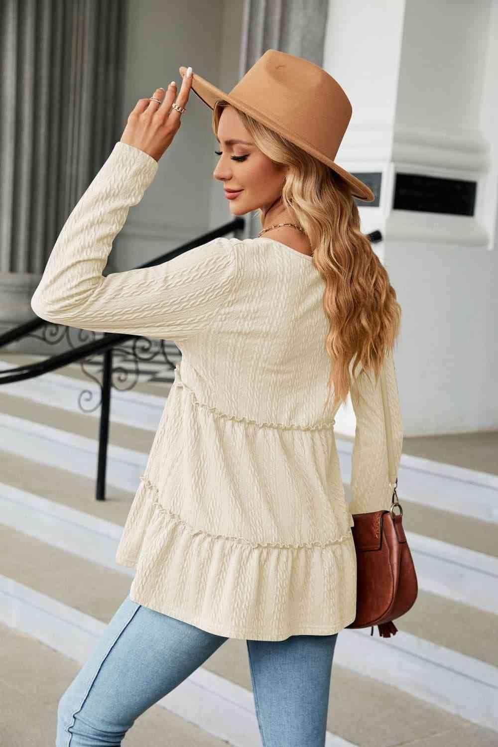 Long Sleeve V-Neck Cable-Knit Blouse Blouses - Tophatter Daily Deals