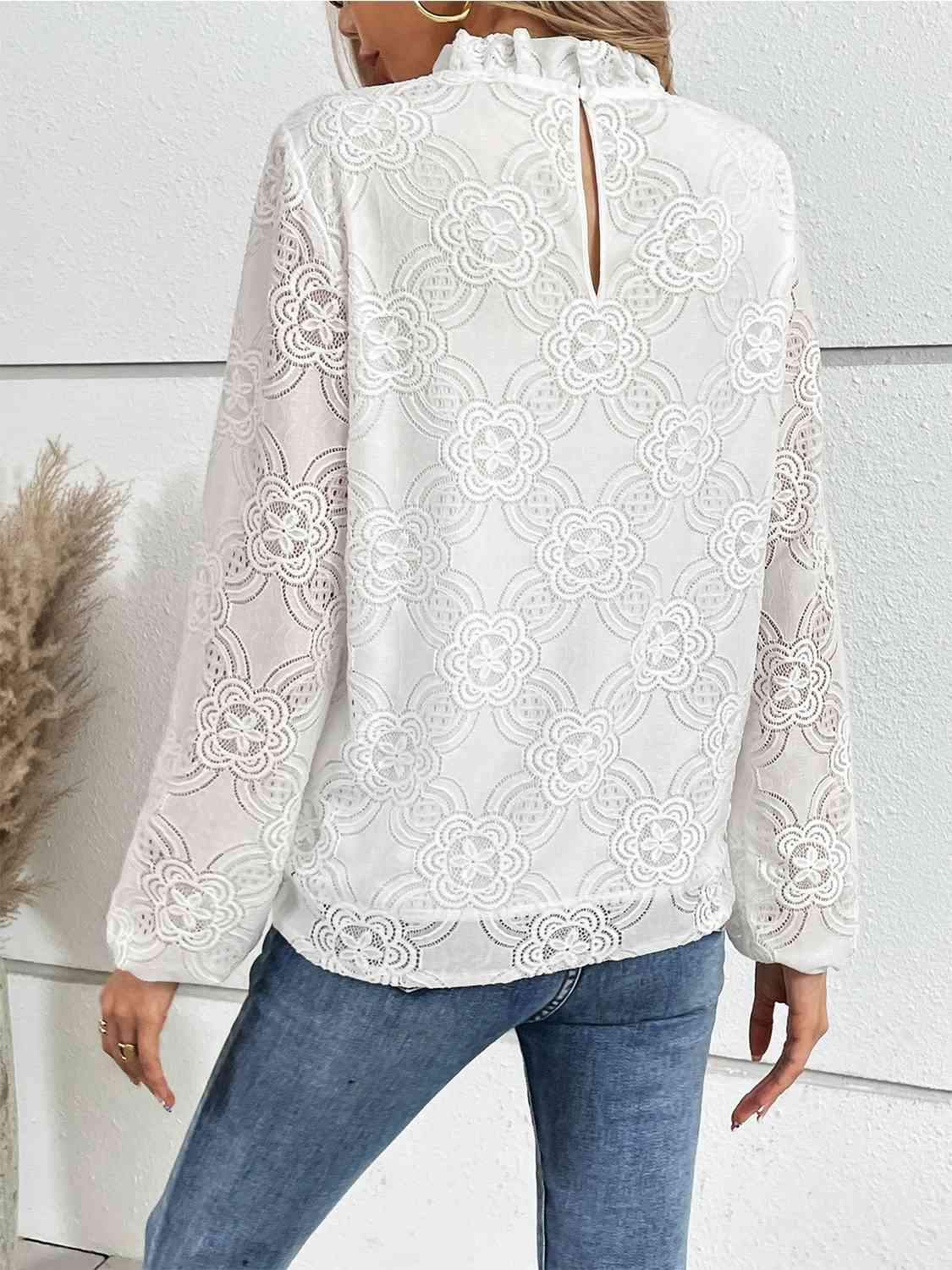 Eyelet Round Neck Long Sleeve Blouse Blouses - Tophatter Daily Deals