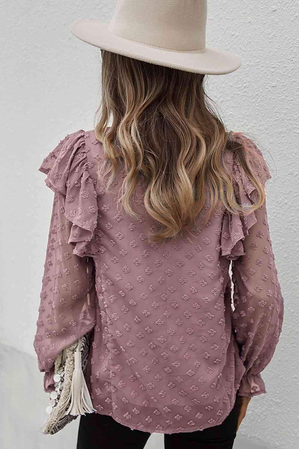 Swiss Dot Ruffle Shoulder Long Sleeve Blouse Blouses - Tophatter Daily Deals