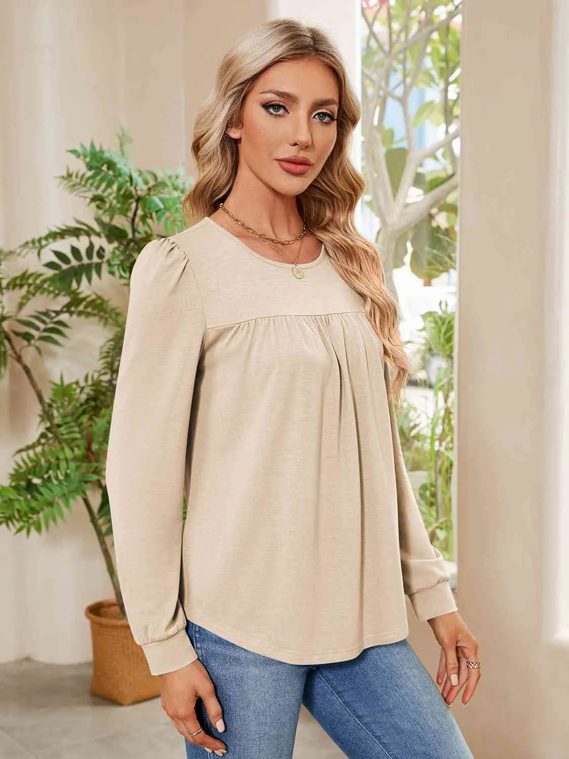 Ruched Round Neck Long Sleeve Blouse Blouses - Tophatter Daily Deals